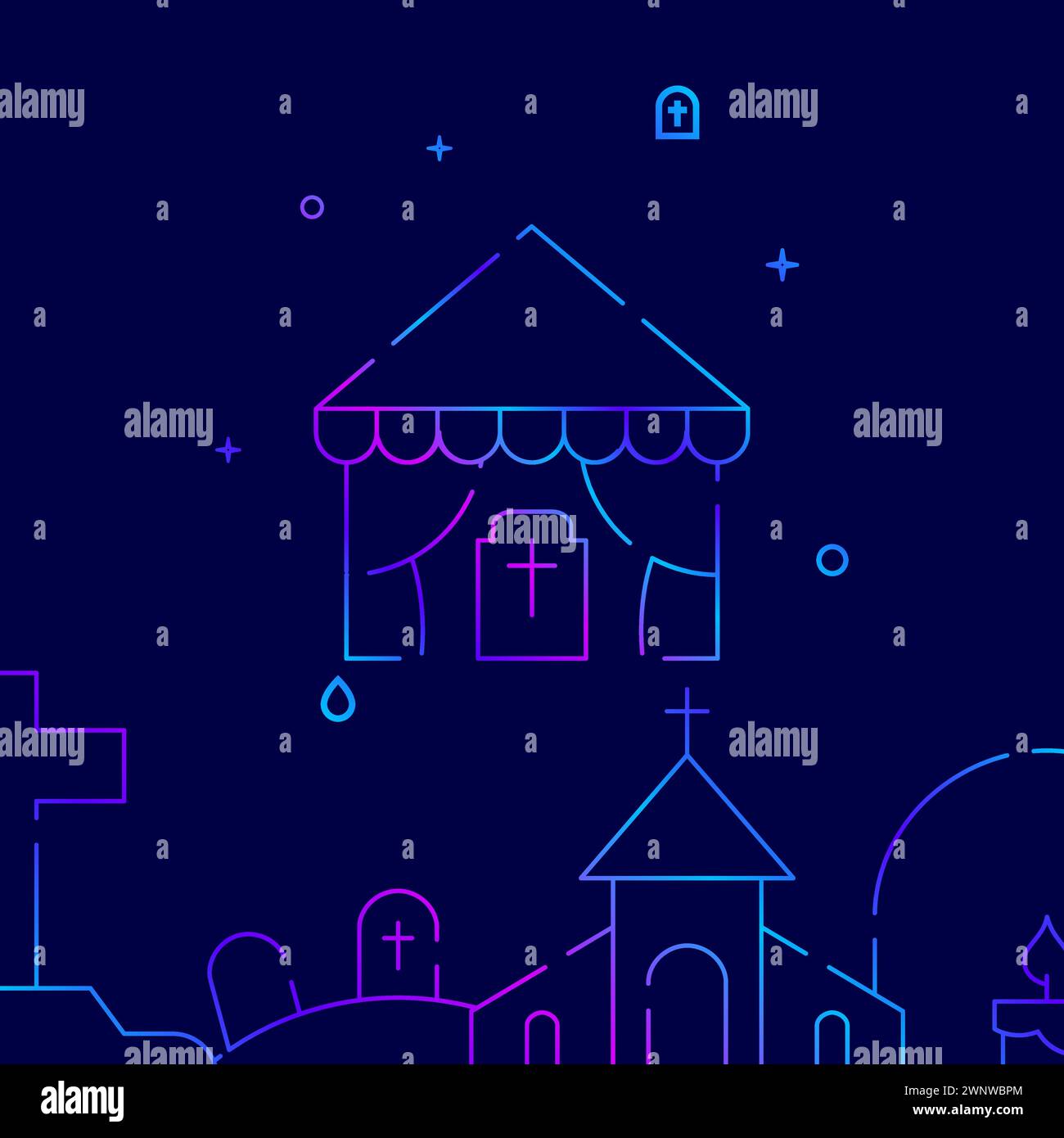 Cimetière, icône de vecteur de ligne de gradient de tente funéraire, illustration simple sur un fond bleu foncé, bordure inférieure liée aux funérailles. Illustration de Vecteur