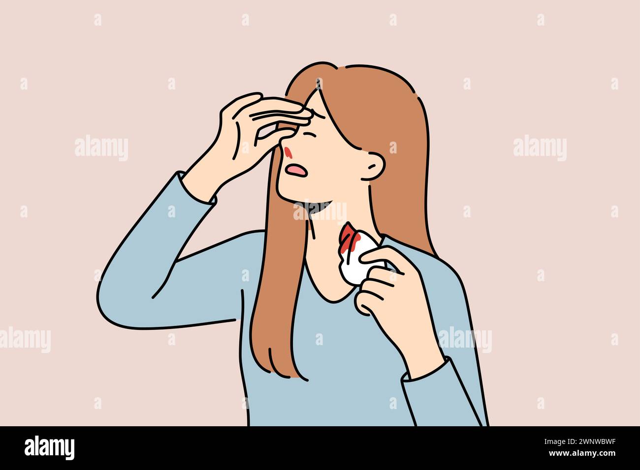 Le saignement de nez de la femme est causé par l'hypertension artérielle ou des tempêtes magnétiques qui affectent la santé. Une fille avec un mouchoir et un saignement de nez a été victime de violence domestique et de coups de mari Illustration de Vecteur