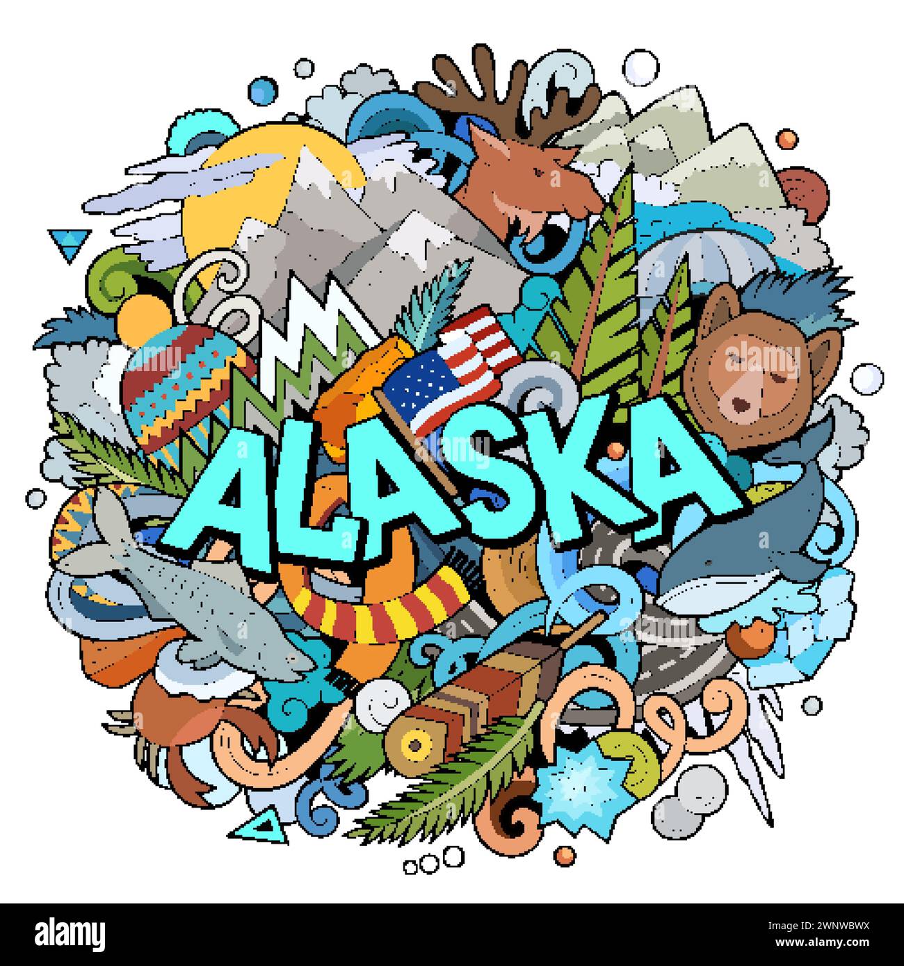 Dessin animé Alaska dessiné à la main illustration de doodle. Drôle de design d'État des États-Unis. Fond de vecteur d'art créatif. Texte manuscrit avec éléments et objets. Col Illustration de Vecteur