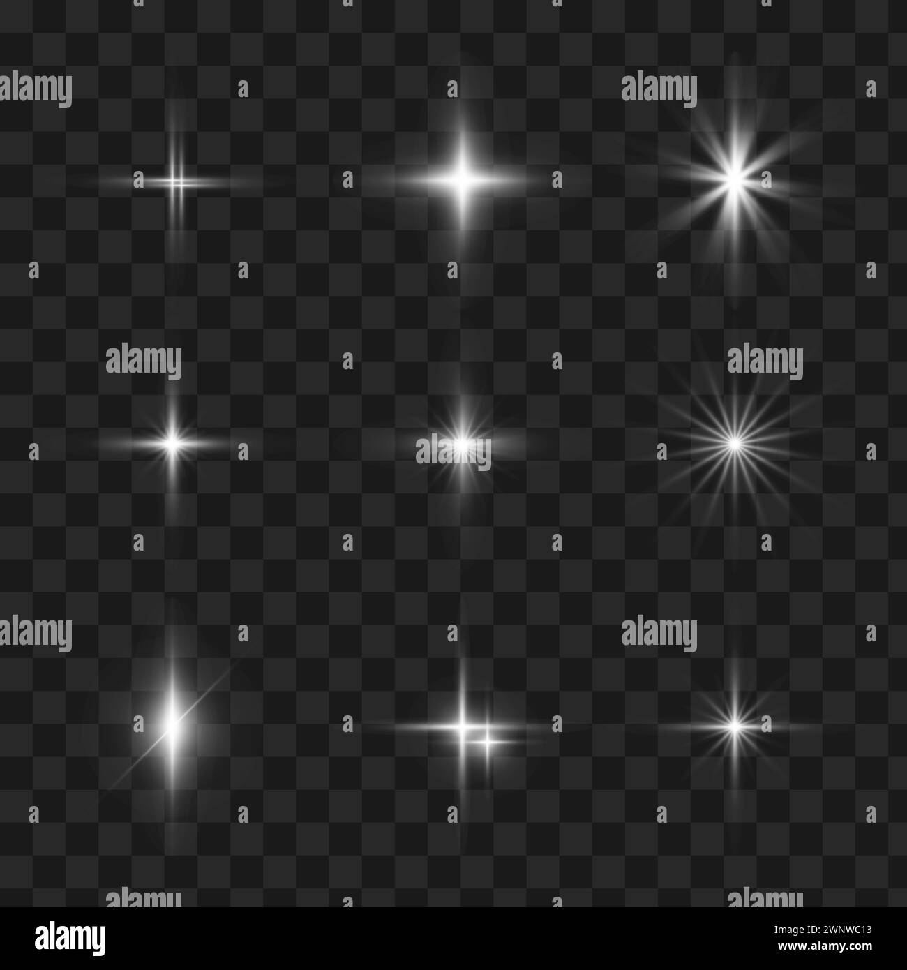Effet de lumières incandescentes, éclat, explosion et étoiles. Effet spécial isolé sur fond transparent Illustration de Vecteur