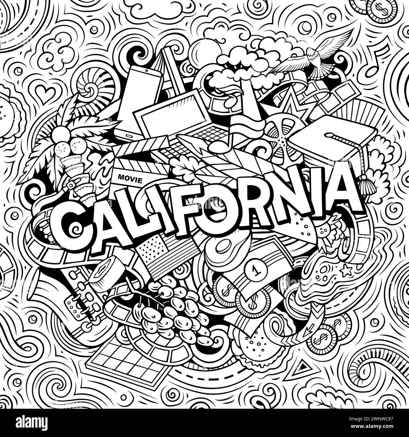 Dessin animé de Californie dessiné à la main illustration de doodle. Drôle de design d'État des États-Unis. Fond de vecteur d'art créatif. Texte manuscrit avec éléments et objets. Illustration de Vecteur