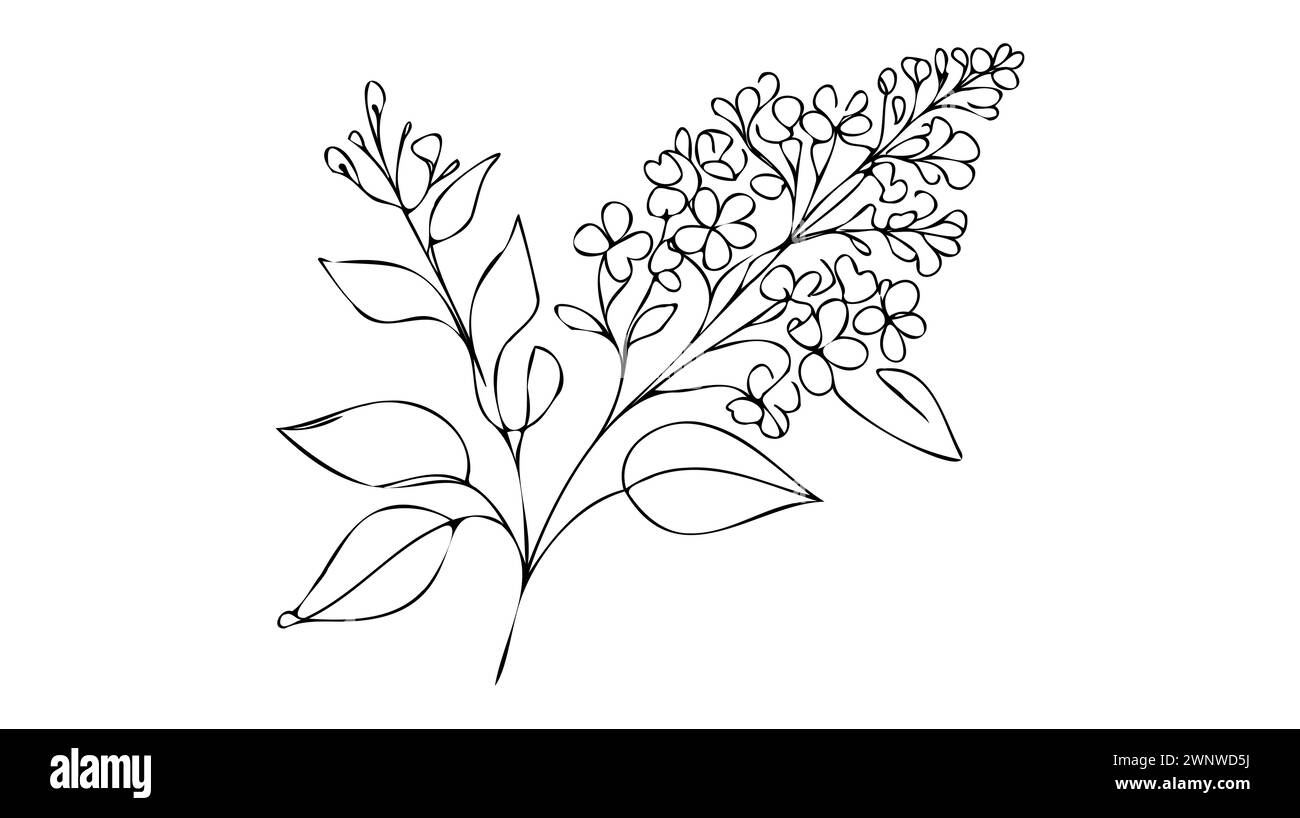 Une ligne continue dessinant la beauté fraîche syringa vulgaris pour le logo de jardin. Concept imprimable de fleur de lilas décoratif pour l'affiche d'art mural de décoration à la maison pr Illustration de Vecteur