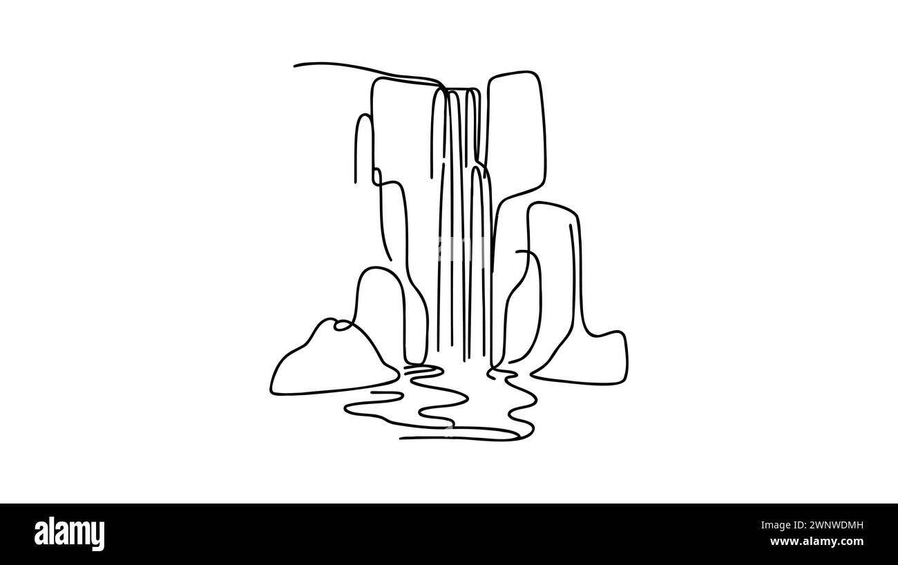 Dessin continu sur une ligne. Paysage avec montagnes, cascade et lac. Illustration vectorielle. Illustration de Vecteur
