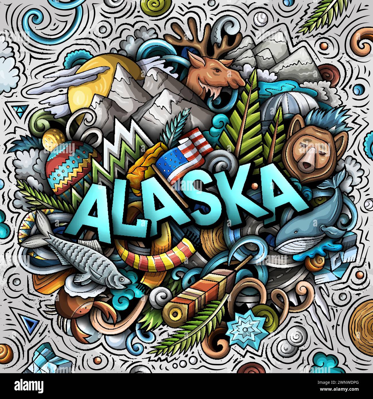 Dessin animé Alaska dessiné à la main illustration de doodle. Drôle de design d'État des États-Unis. Fond de vecteur d'art créatif. Texte manuscrit avec éléments et objets. Col Illustration de Vecteur