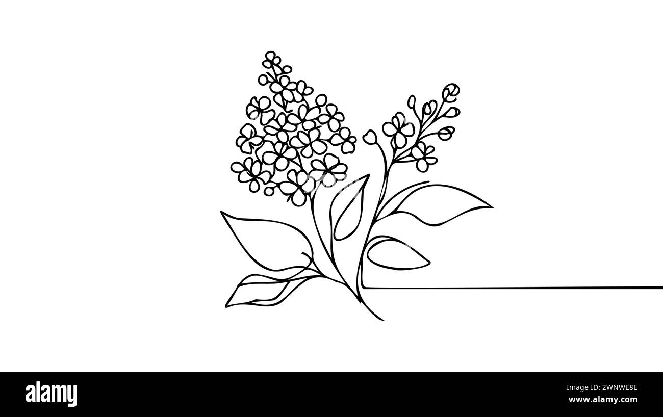 Une ligne continue dessinant la beauté fraîche syringa vulgaris pour le logo de jardin. Concept imprimable de fleur de lilas décoratif pour l'affiche d'art mural de décoration à la maison pr Illustration de Vecteur