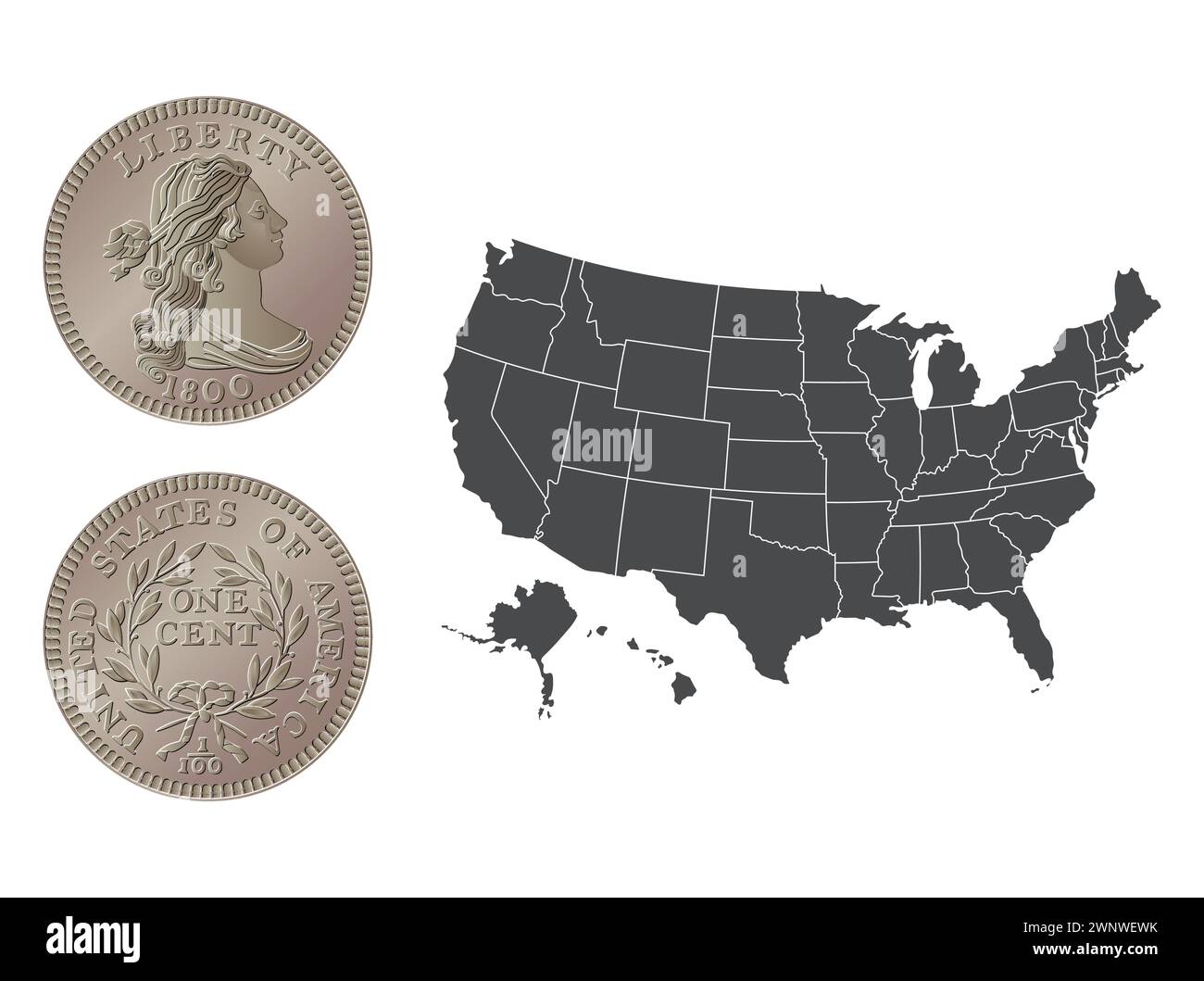 Vecteur argent américain, pièce d'un cent, 1796-1807. Illustration vectorielle isolée sur le fond d'une carte des Etats-Unis. Illustration de Vecteur
