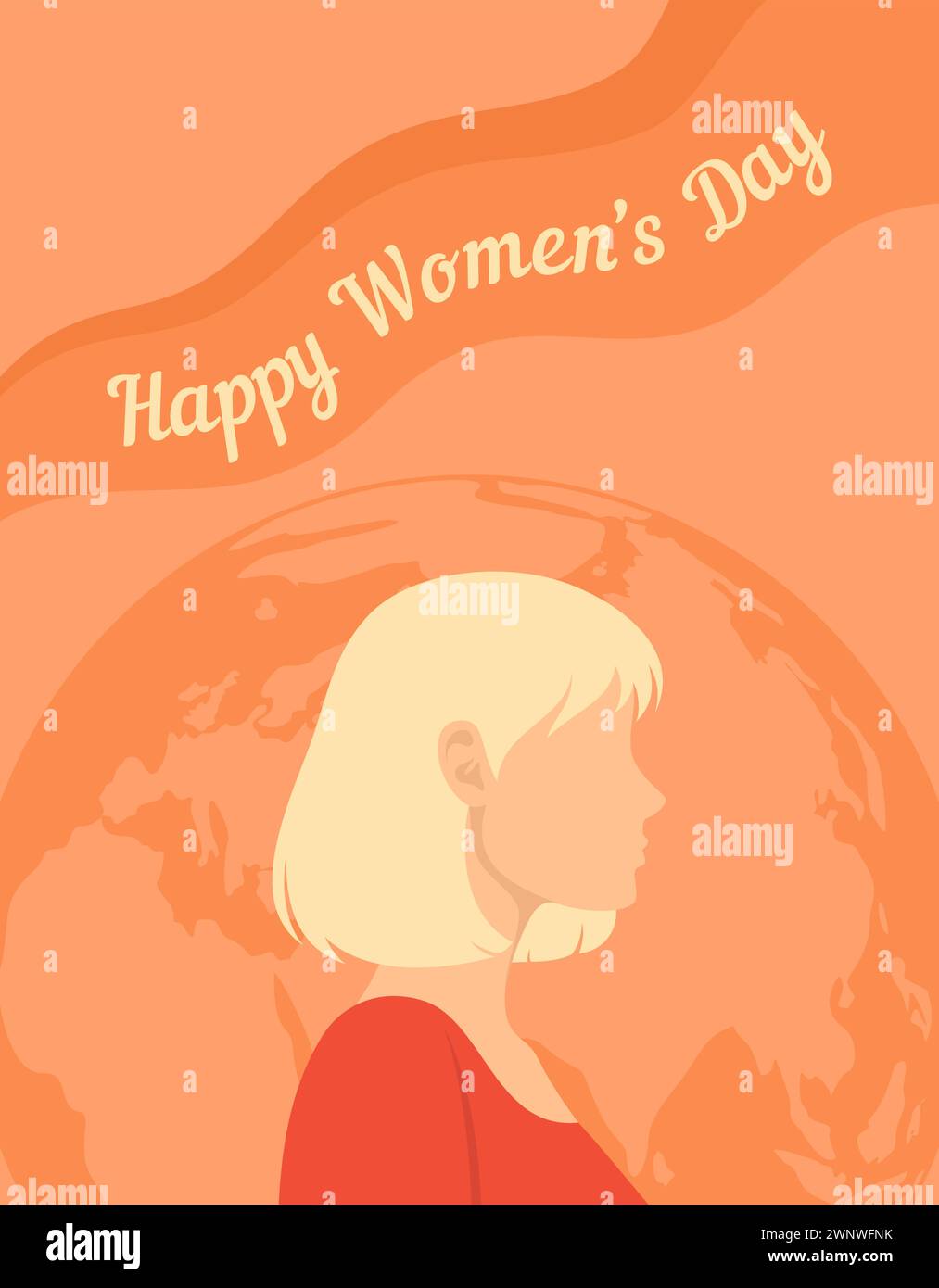Carte de voeux pour la Journée internationale de la femme. Portrait de profil d'une femme avec le globe terrestre en arrière-plan. Illustration vectorielle dans un style plat Illustration de Vecteur