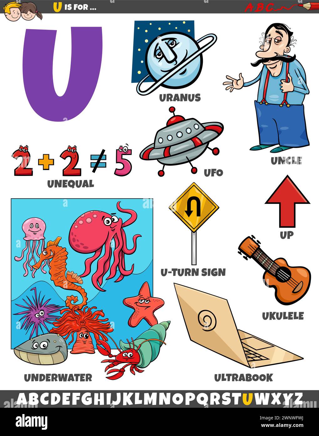 Illustration de dessin animé d'objets et de caractères définis pour la lettre U. Illustration de Vecteur
