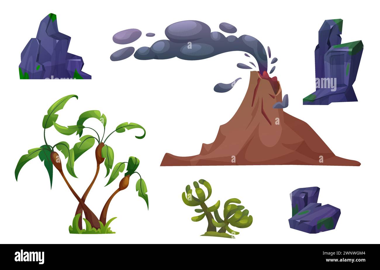 Éruption volcanique avec montagne volcanique active avec nuage de fumée de gaz , rochers, palmiers et plantes pour la création de paysage préhistorique. Kit de vecteur de dessin animé d'explosion de magma et d'éléments de nature. Illustration de Vecteur