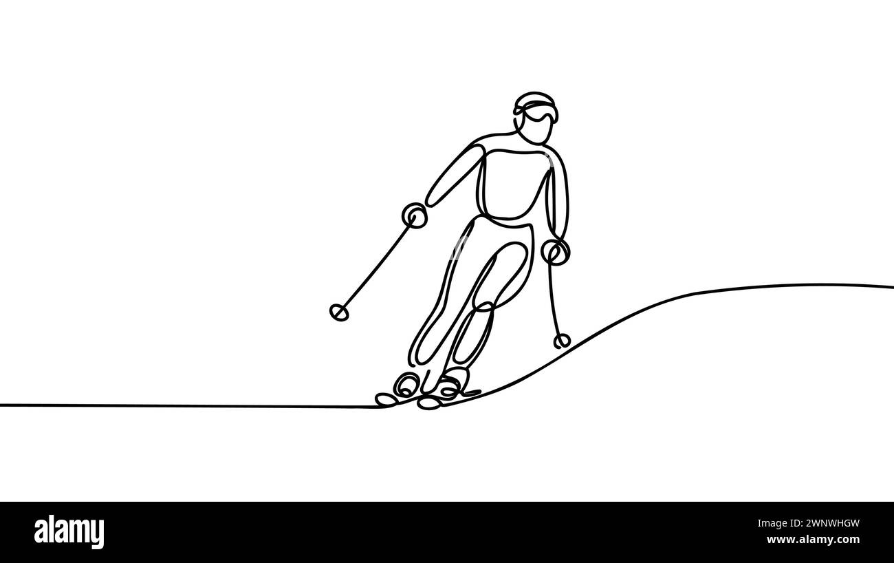 Mince illustration d'une ligne continue dessinant skieur, ski, descente de la montagne. Sport d'hiver et concept de tourisme. Illustration de Vecteur