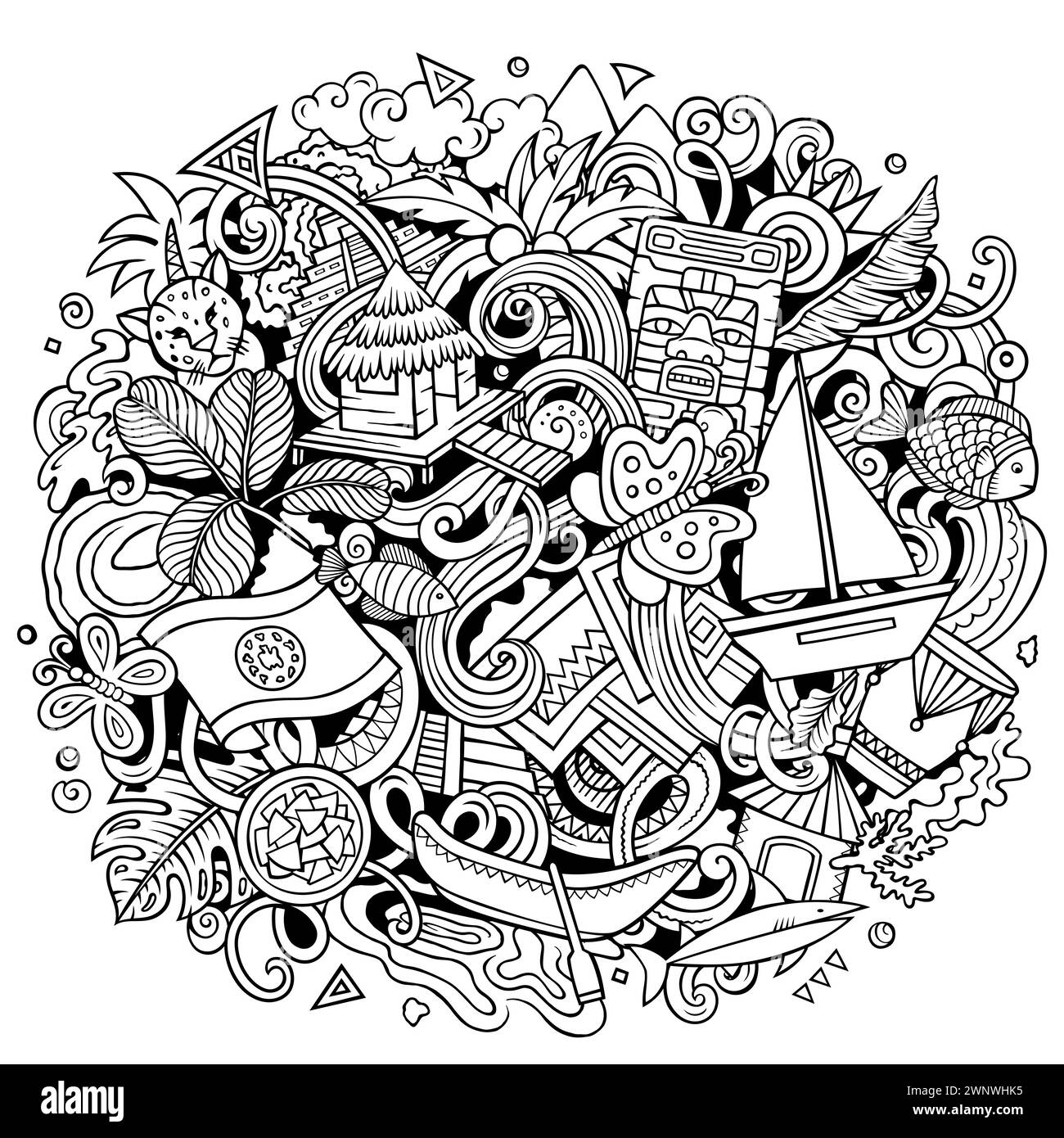 Illustration drôle de doodle vectorielle avec le thème Belize. Design dynamique et accrocheur, capturant l'essence de la culture et des traditions de l'Amérique centrale Illustration de Vecteur