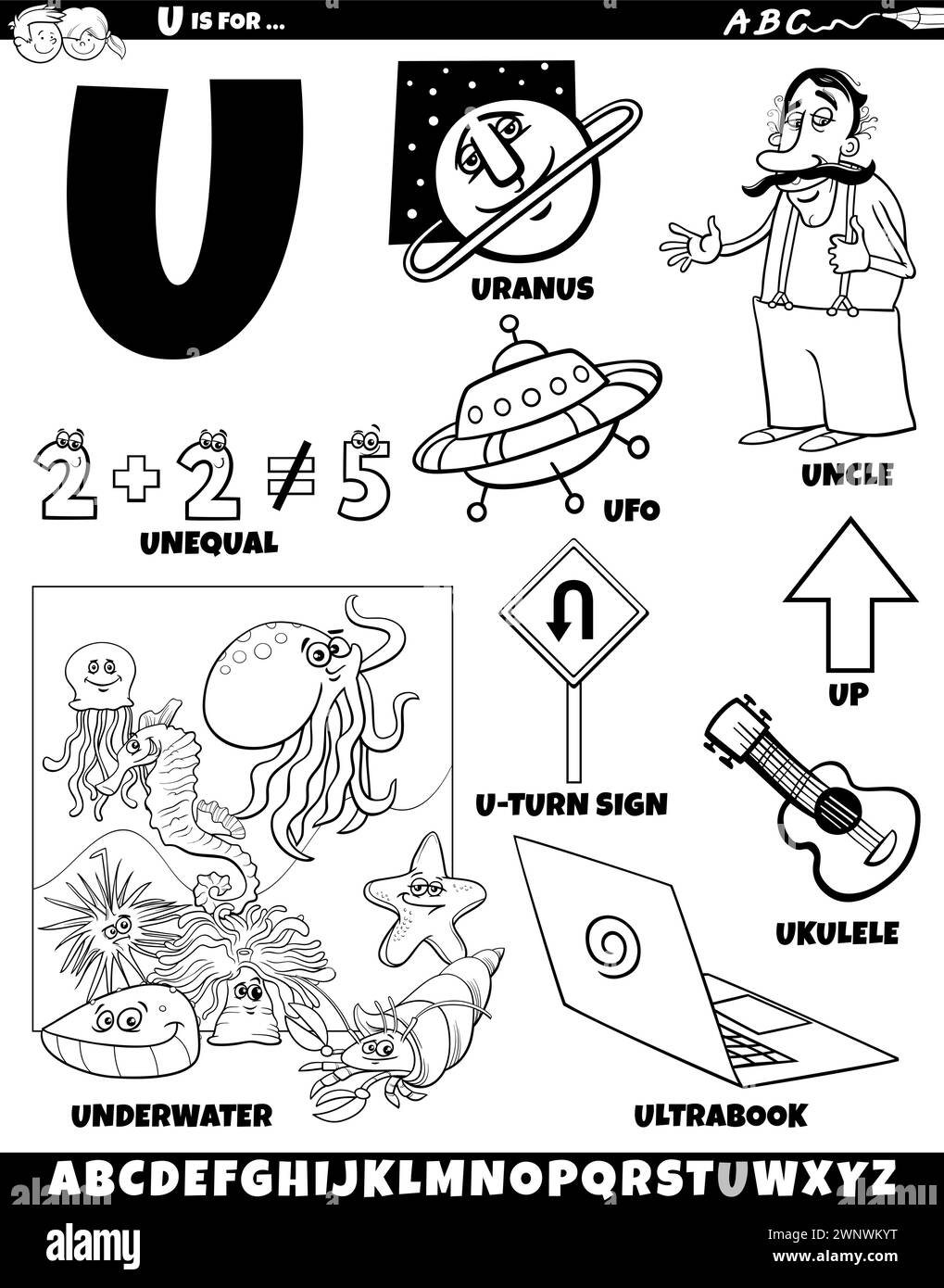 Illustration de dessin animé d'objets et de caractères définis pour la page de coloriage lettre U. Illustration de Vecteur