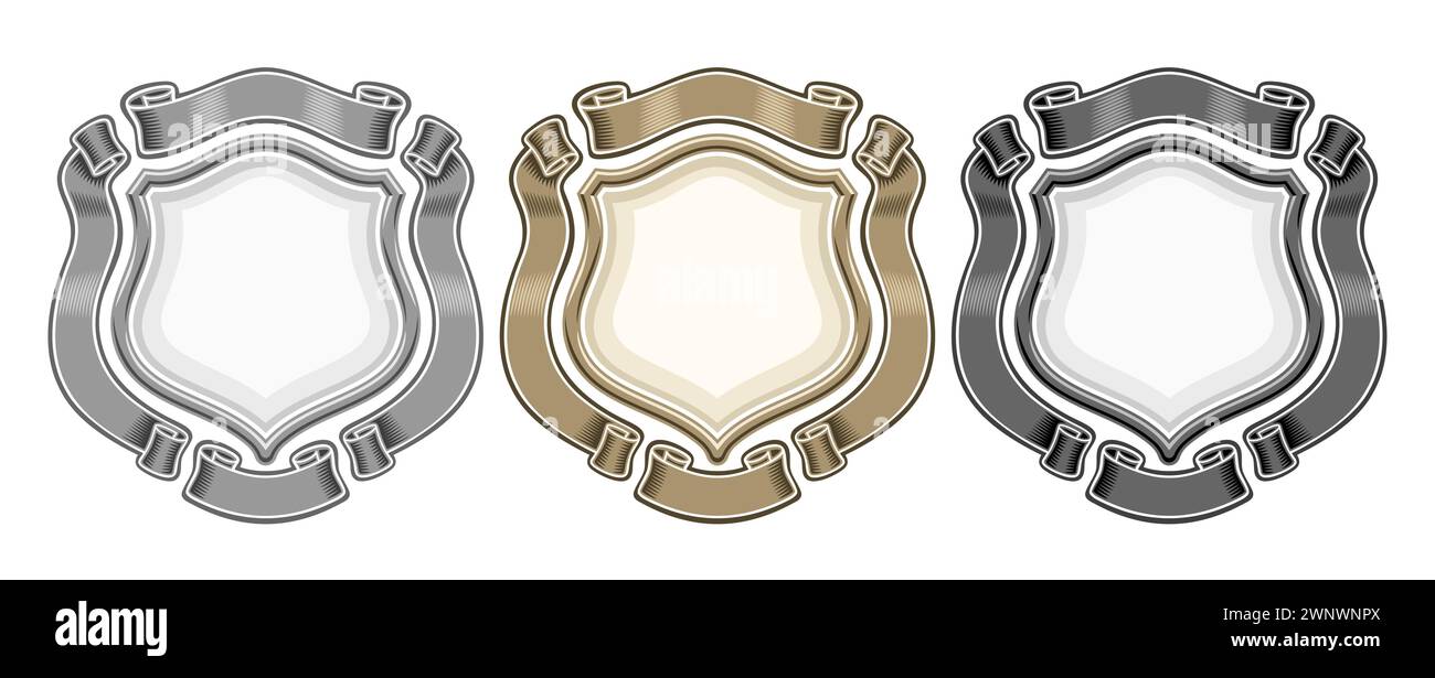 Ensemble d'emblèmes héraldiques vectoriels, collection de 3 illustrations isolées emblèmes héraldiques avec espace de copie, groupe de décoratifs divers emblèmes vintage layou Illustration de Vecteur