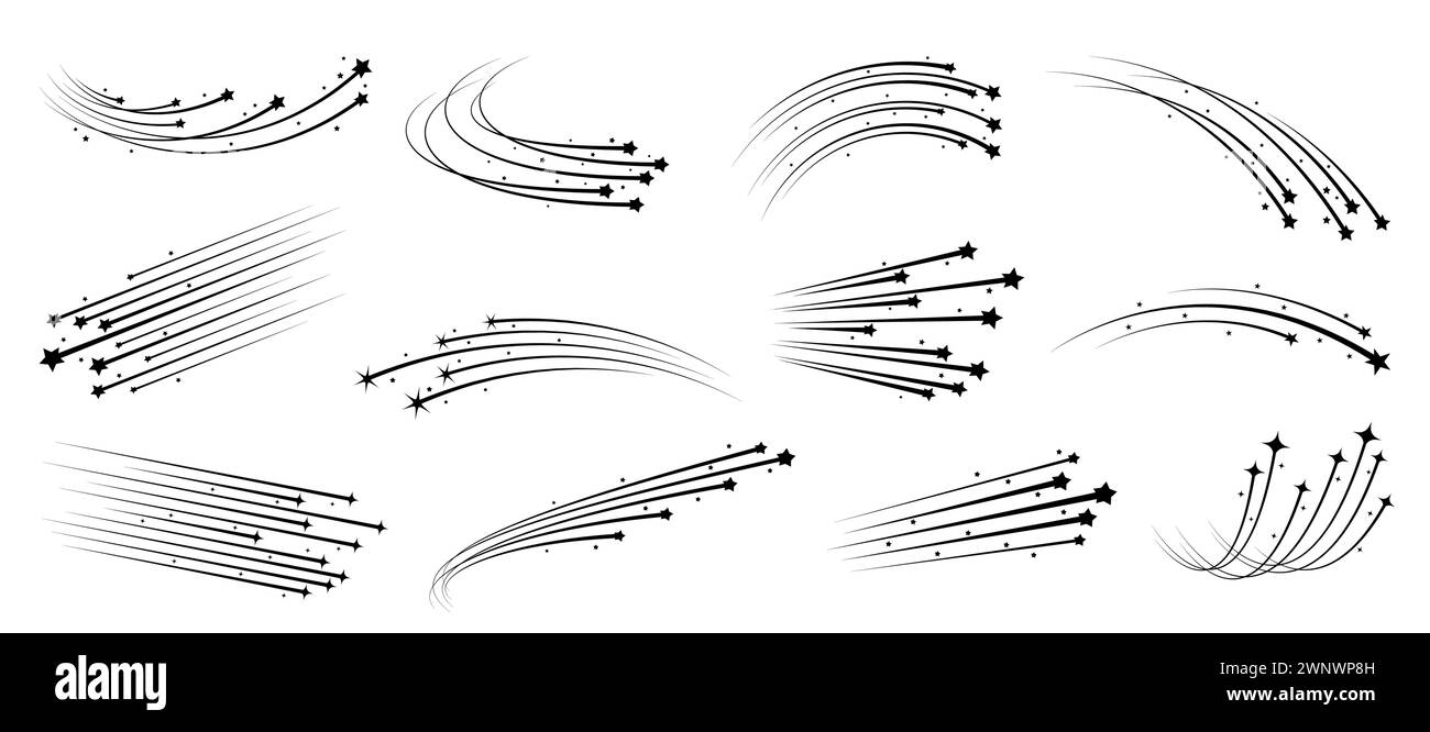 Starburst de Noël, étoiles filantes, comètes tombantes avec des traînées et des traces, silhouettes de météores de l'espace. Ensemble vectoriel monochrome, stries de lumière et d'énergie, créant un sentiment de mouvement et d'élégance cosmique Illustration de Vecteur