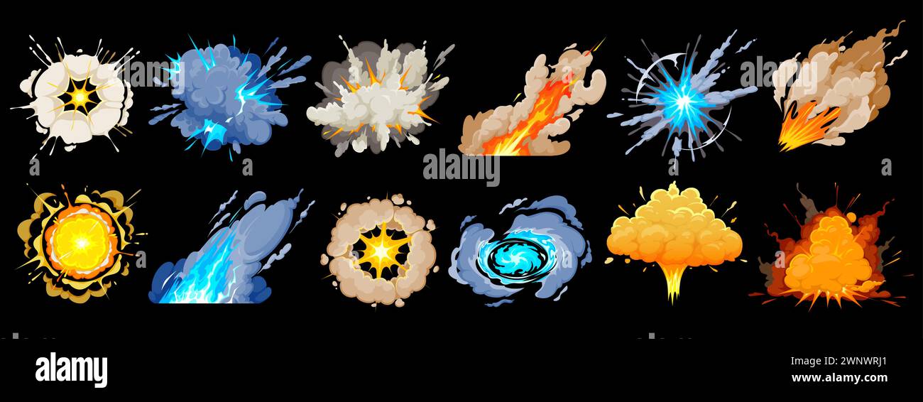 Explosions de bombe de dessin animé, nuages de fumée et de boom, icônes vectorielles. Explosion de champignon de bombe atomique ou explosion de dynamite TNT avec feu brûlé, feu d'artifice boom flash ou pop bouff et éclats de rayons explosifs Illustration de Vecteur