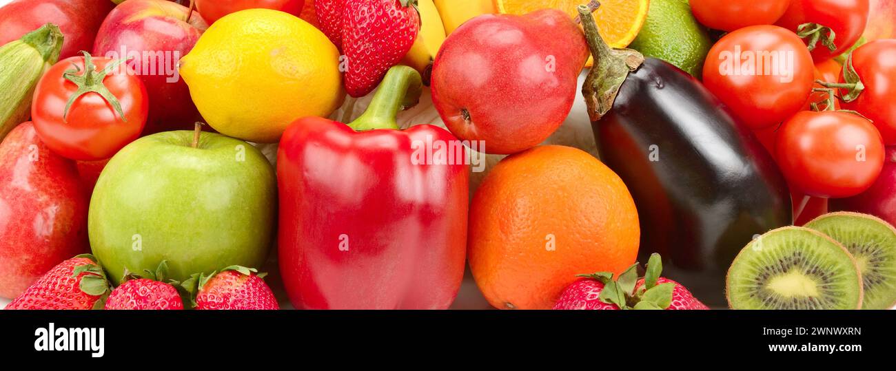 Fond lumineux de la collection de fruits et légumes. Photo large. Banque D'Images