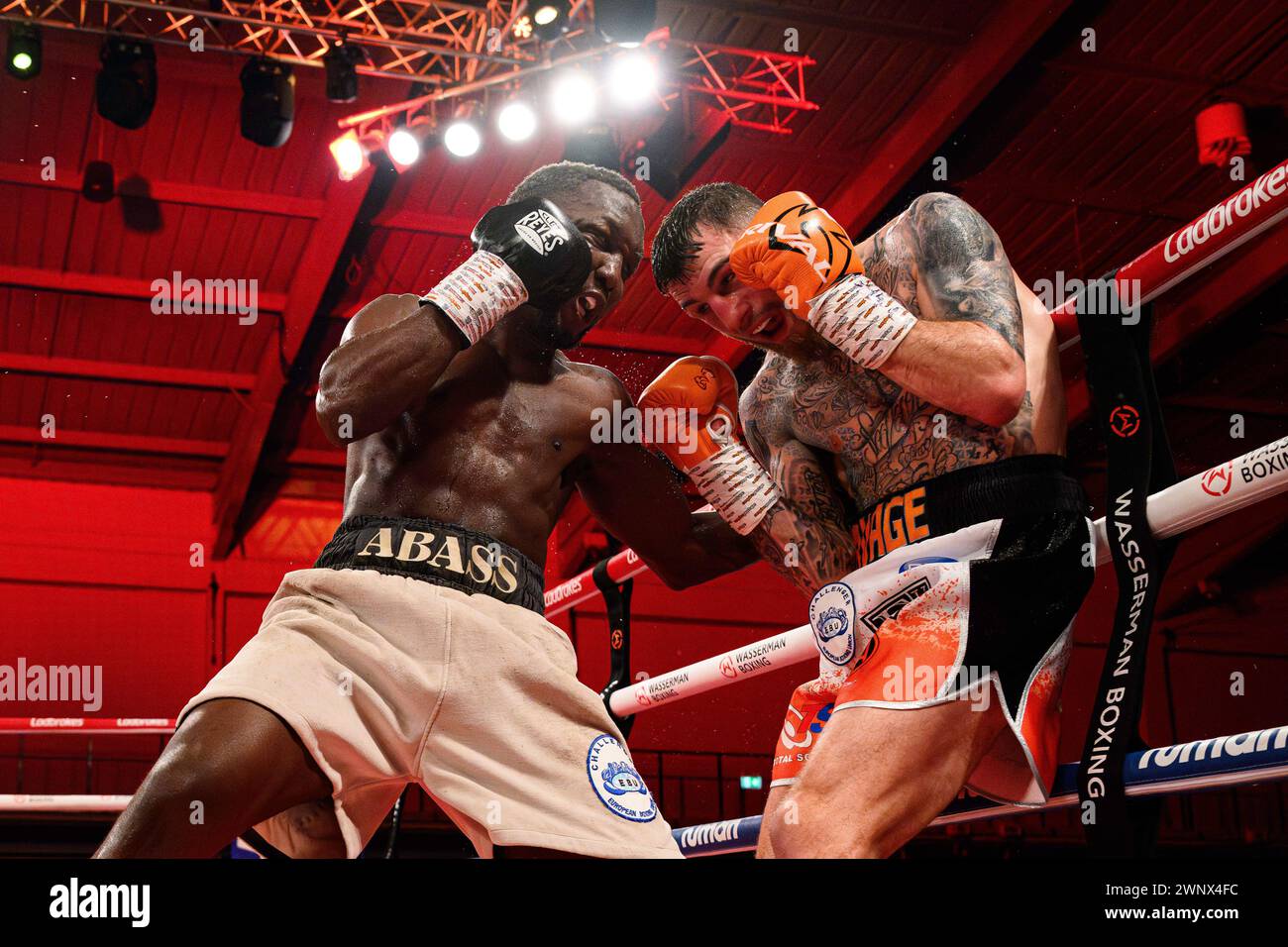 Abass Baraou vs Sam Eggington - UER European Super Welterweight combat au Telford International Centre le vendredi 1er mars 2024. LONDRES, ANGLETERRE. Banque D'Images