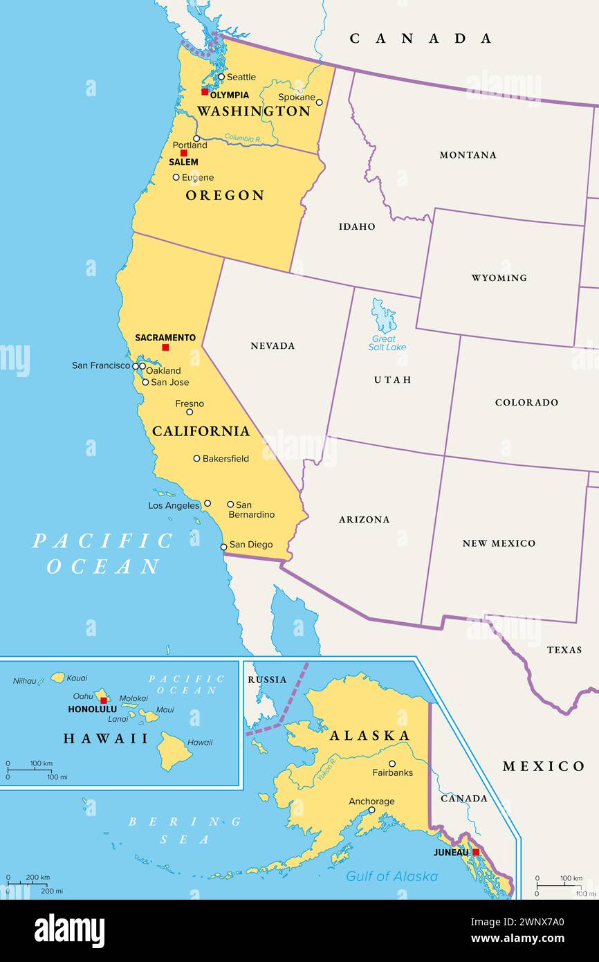 Région de la côte ouest des États-Unis, avec Alaska et Hawaï, carte politique. Également connu sous le nom de Pacific Coast, Pacific Seaboard et Western Seaboard. Banque D'Images