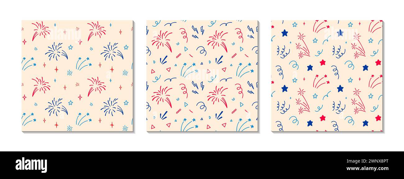 Ensemble du 4 juillet USA Independence Day doodle Seamless Patterns. Drapeau américain couleurs bleu, rouge et blanc. 14 juillet bonne fête nationale de France Illustration de Vecteur