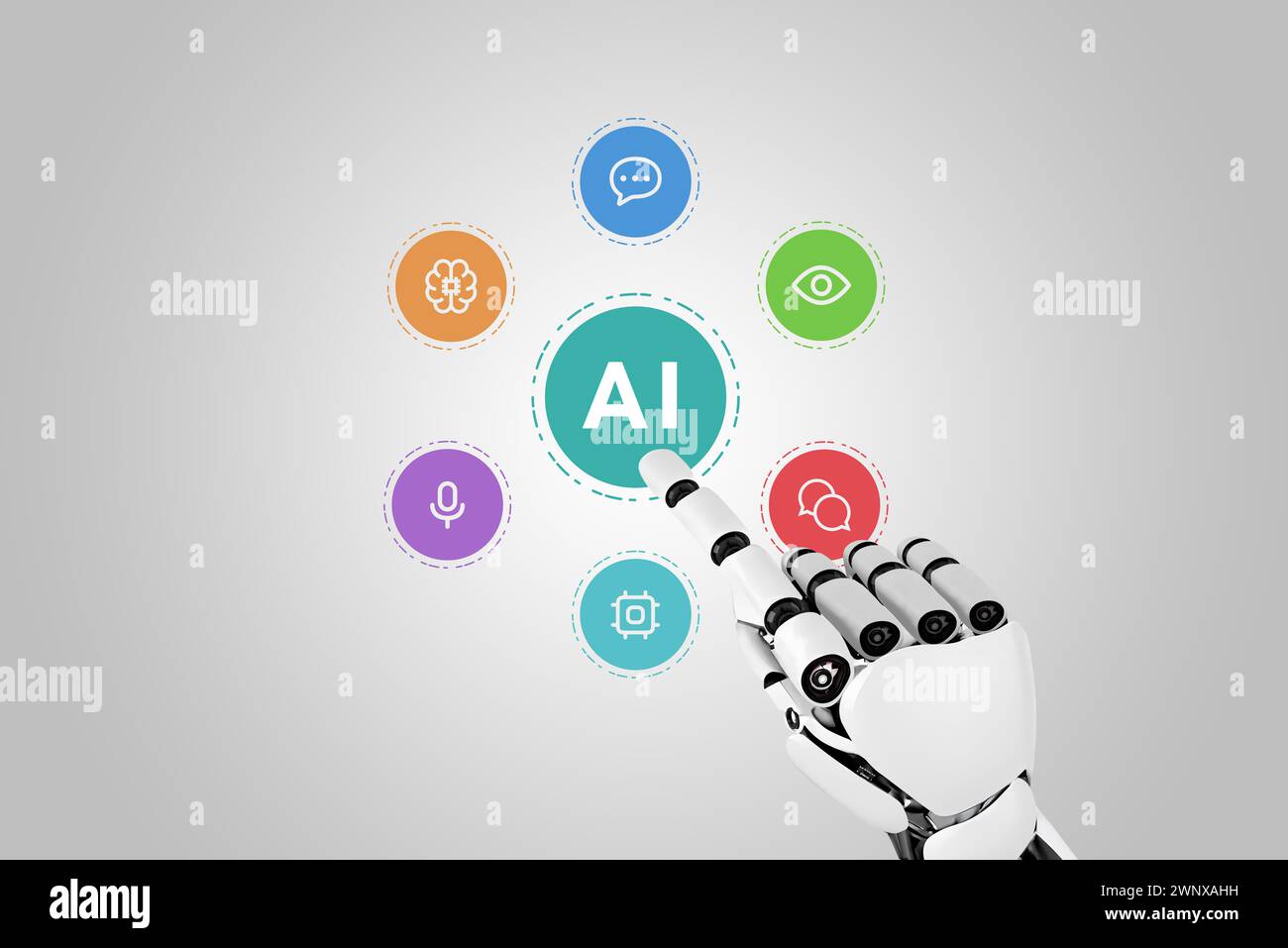 La main du robot touche l'IA. Entouré d'icônes de traitement du langage naturel, de vision par ordinateur, de reconnaissance vocale, d'apprentissage automatique et d'IA conversationnelle Banque D'Images