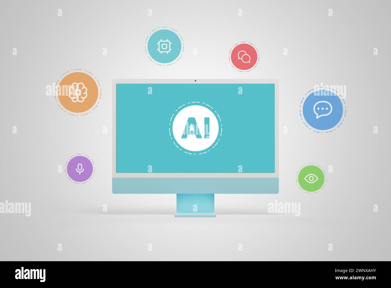 AI sur l'écran de l'ordinateur. Traitement du langage naturel, vision par ordinateur, reconnaissance vocale, apprentissage automatique, icônes d'IA volantes conversationnelles Banque D'Images