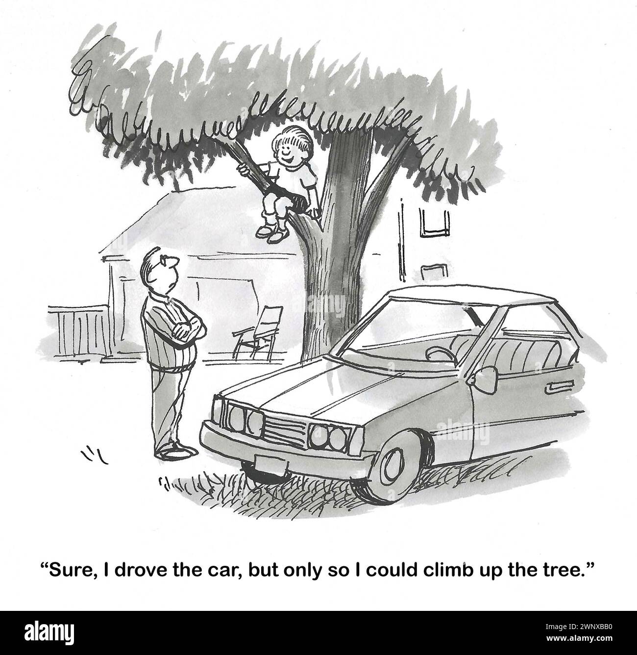 BW dessin animé d'un jeune garçon expliquant à son père pourquoi il a conduit la voiture à l'arbre. Banque D'Images