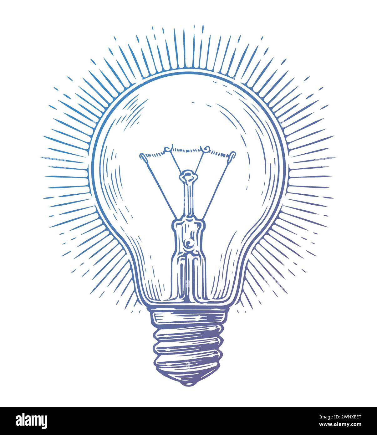 Ampoule incandescente rétro lumineuse incandescente avec rayons. Illustration vectorielle vintage dessinée à la main Illustration de Vecteur