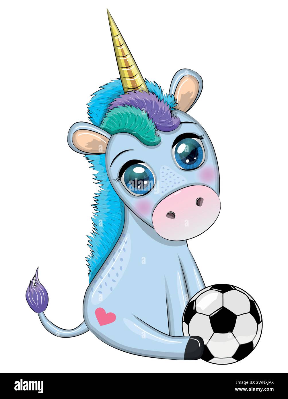 Adorable dessin animé unicorn avec ballon de football, été, jeux pour enfants, club. Illustration de Vecteur