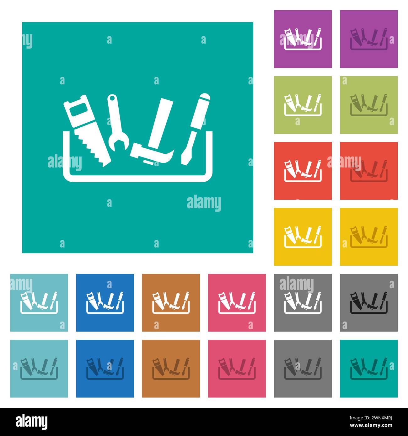 Icônes plates multicolores de Toolbox sur arrière-plans carrés simples. Inclut des variantes d'icône blanche et foncée pour les effets de survol ou actifs. Illustration de Vecteur