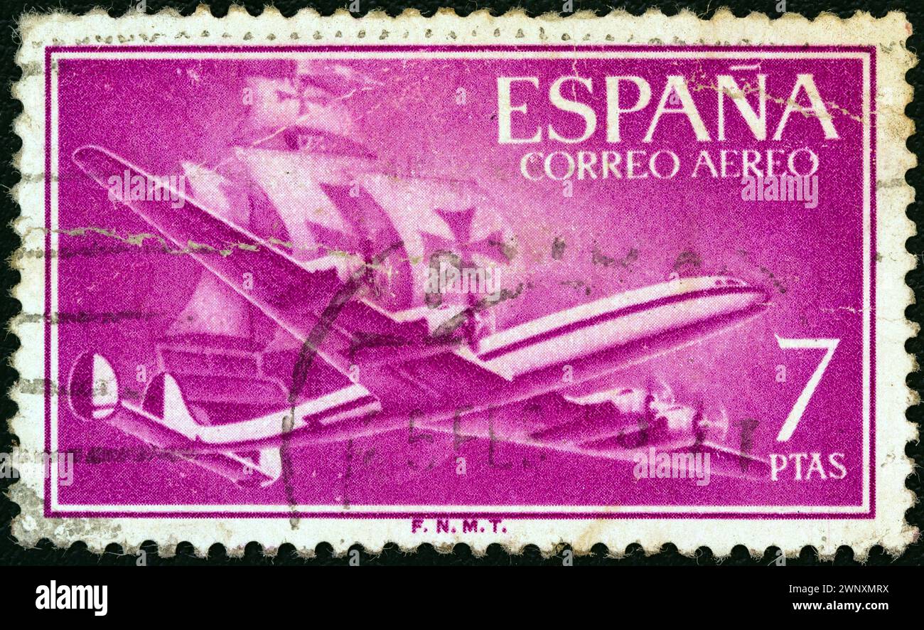 ESPAGNE - VERS 1955 : un timbre imprimé en Espagne montre Air Lockheed l-1049 Super Constellation Aircraft et Caravelle Banque D'Images
