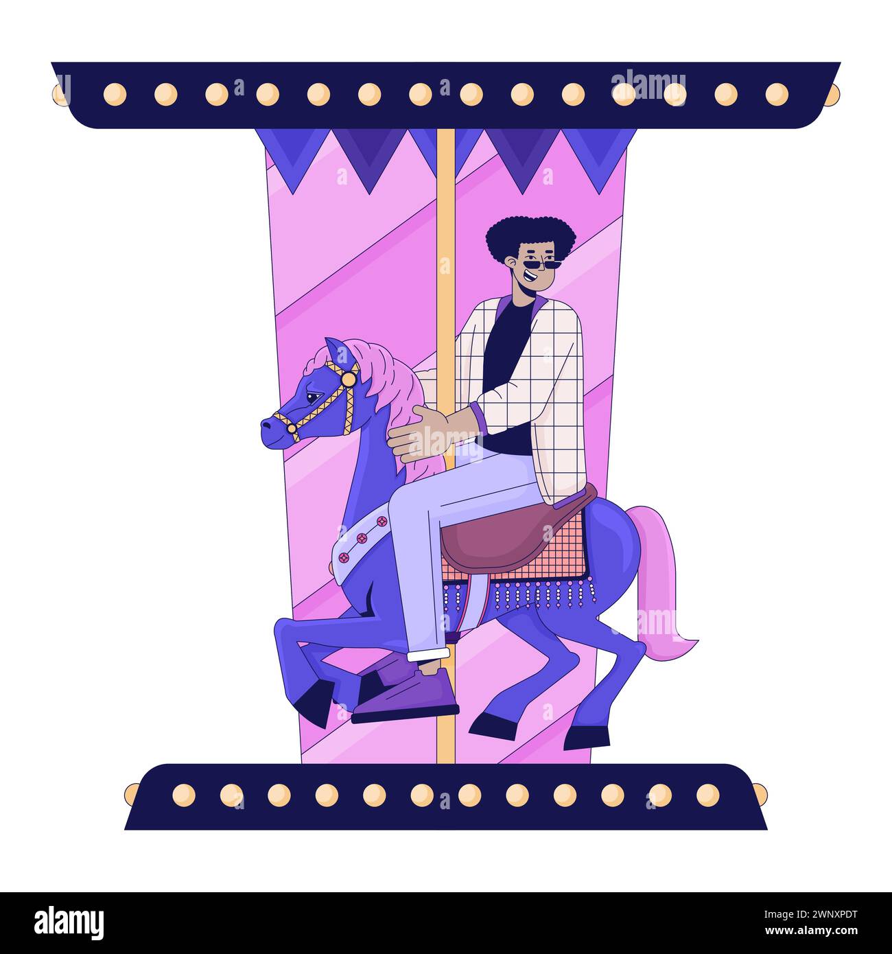 Hispanique jeune homme chevauchant cheval carrousel 2D linéaire personnage de dessin animé Illustration de Vecteur