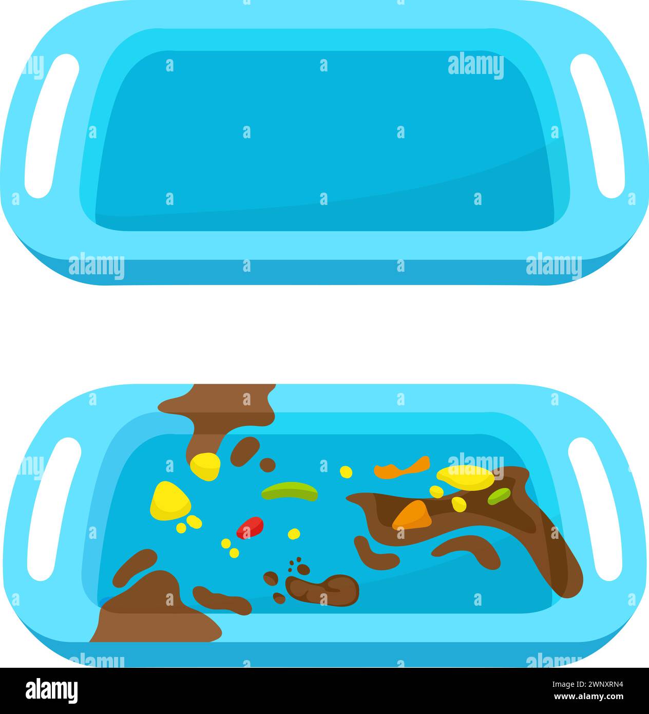 Cartoon isolé bac sale et propre. Équipement plastique bleu de cantine scolaire. Panier à vaisselle avec taches et débris alimentaires. Outil de traiteur vecteur néotérique Illustration de Vecteur