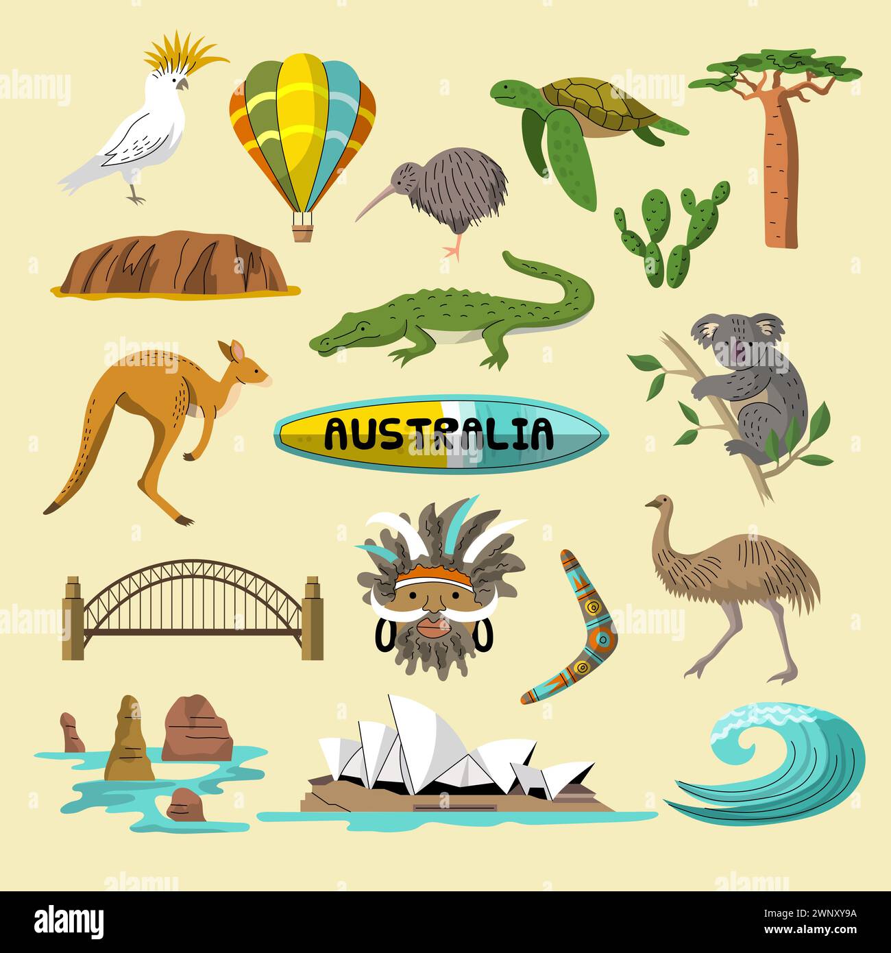 Icônes de l'Australie. Éléments d'identité indigène de l'australie illustrations nationales vectorielles récentes dans un style plat Illustration de Vecteur