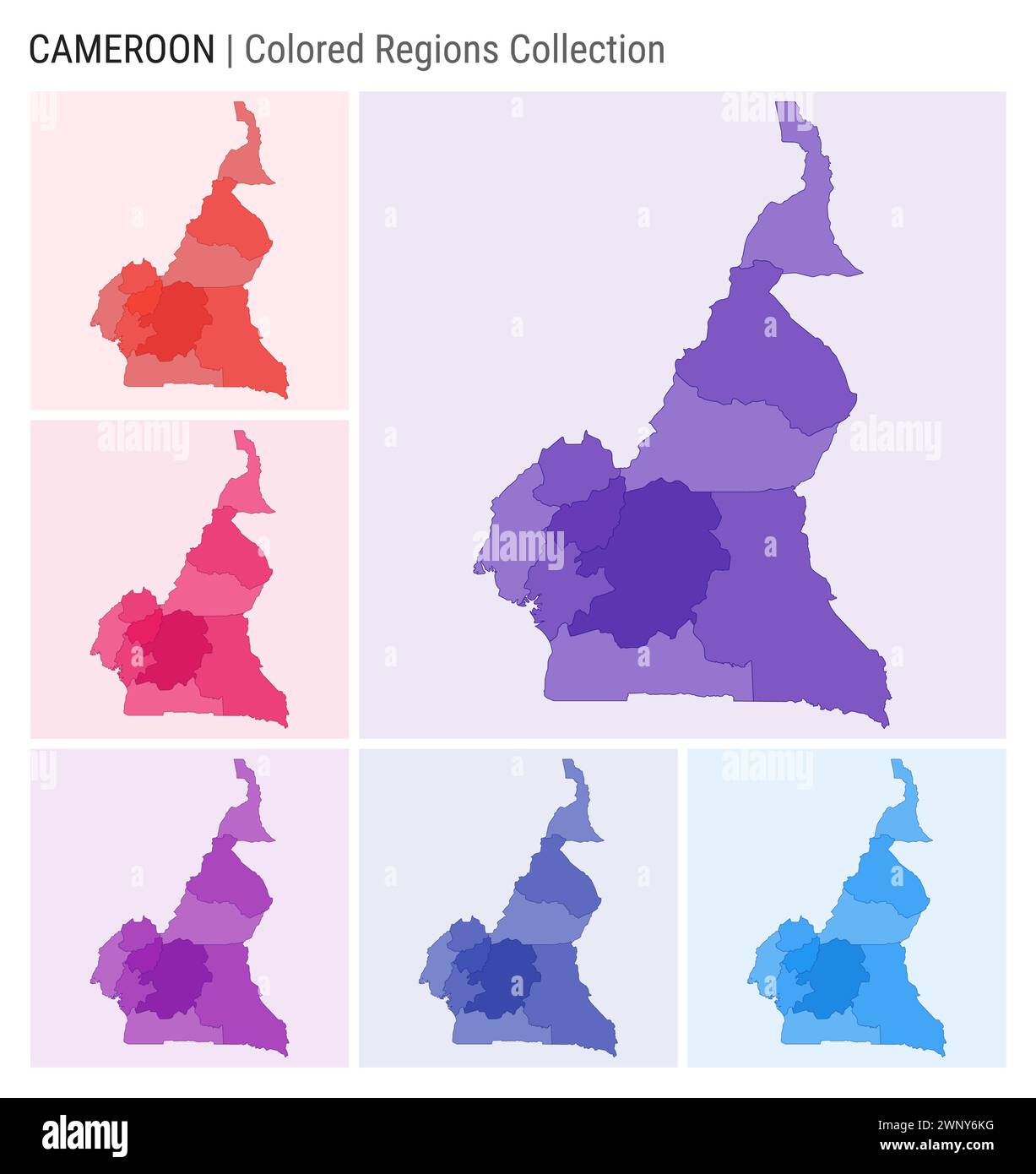 Collection de cartes du Cameroun. Forme de pays avec régions colorées. Violet foncé, rouge, rose, violet, indigo, palettes de couleurs bleues. Illustration de Vecteur