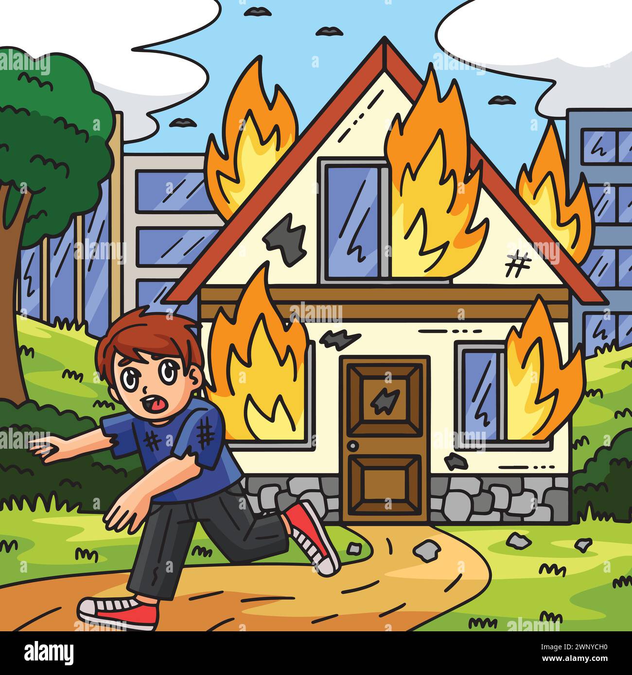 Pompier civil Burning House Colored Cartoon Illustration de Vecteur