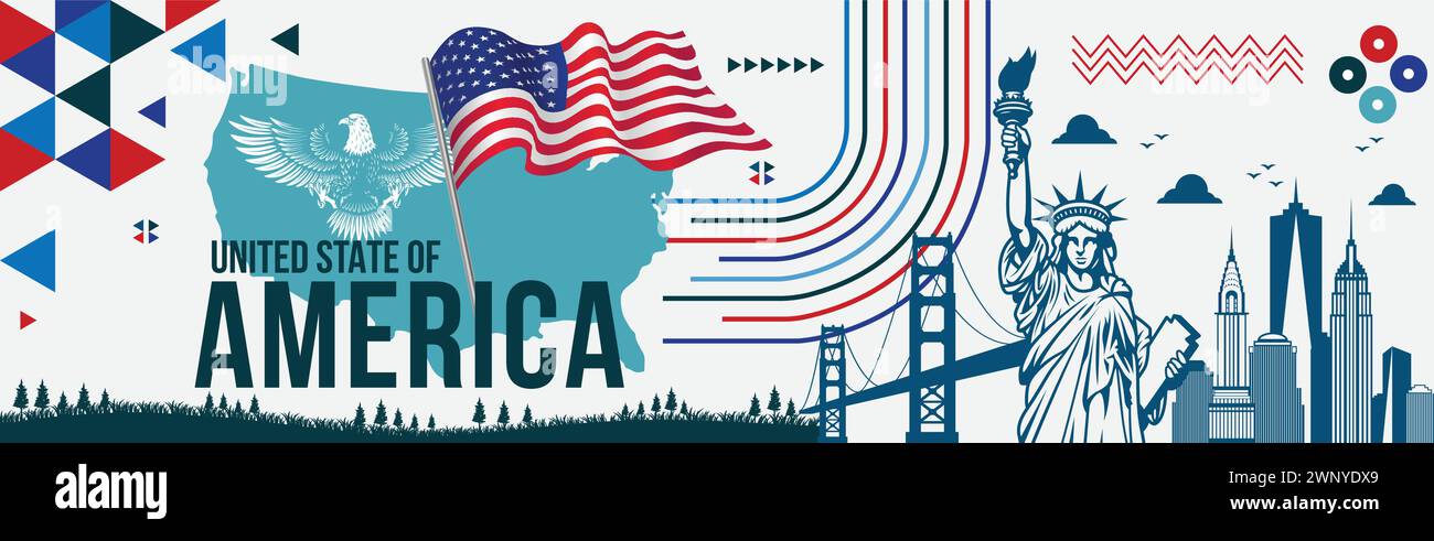 Bannière du jour de l'indépendance des États-Unis le 4 juillet avec drapeau national des États-Unis, aigle national des États-Unis, statue de la liberté, monuments, illustration vectorielle de la carte des États-Unis Illustration de Vecteur