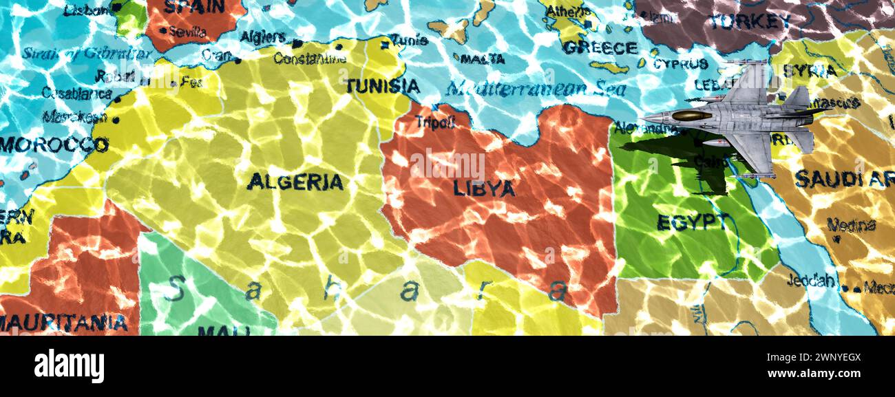 Jet planant au-dessus d'une carte dynamique montrant des pays d'Afrique du Nord et du moyen-Orient. Banque D'Images