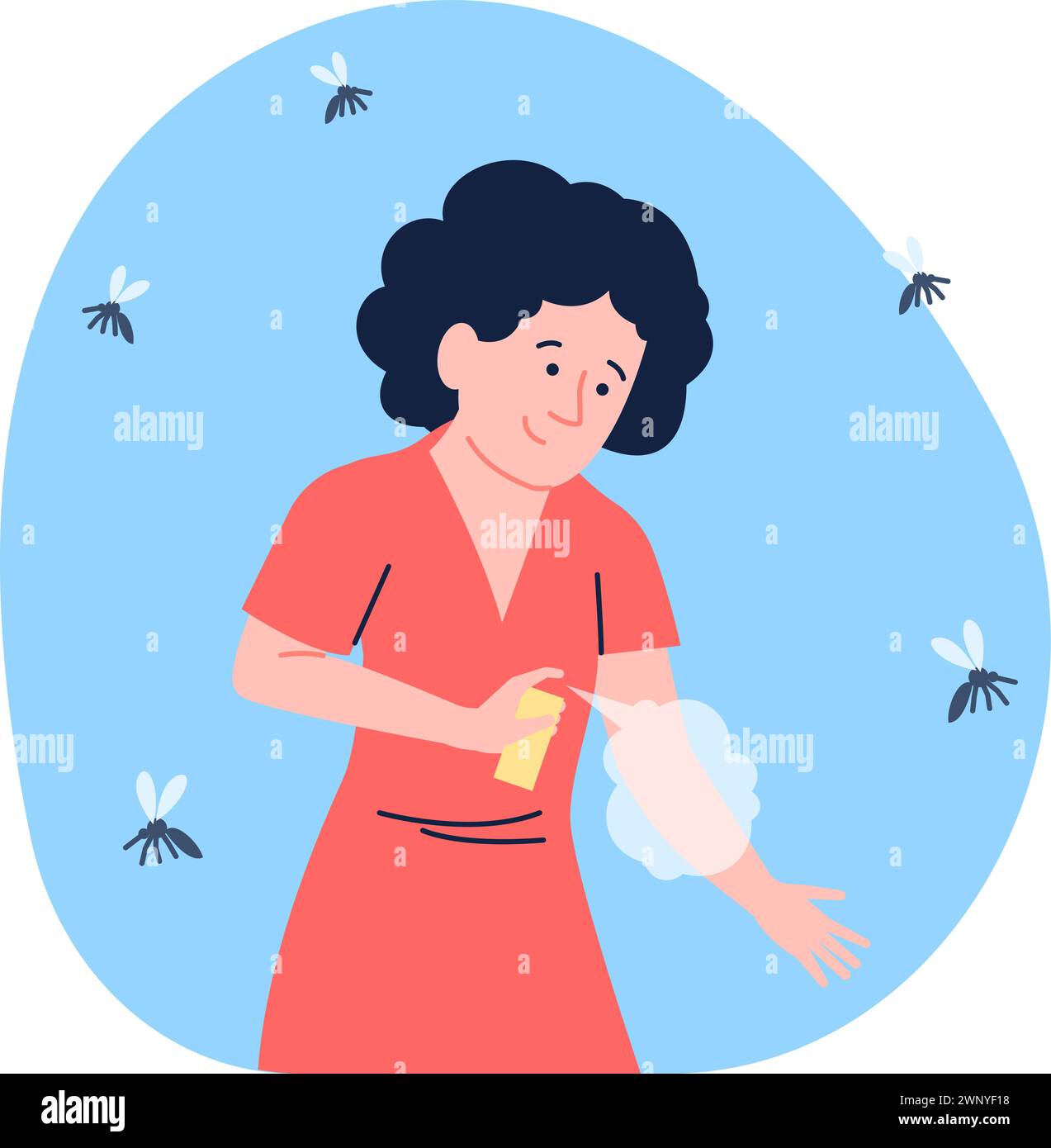Fille utilisant un spray anti-moustique. À l'abri des maladies et des piqûres, la femme repousse les moustiques. Problème saisonnier extérieur, insectes volants scène vectorielle récente Illustration de Vecteur