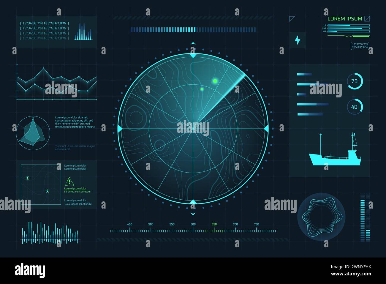 Radar sous-marin. Écran de navigation de sonar de navire de la marine hud numérique, recherche de vol maritime océanique arme navale ciblant le tableau de bord futuriste ui Spy mission illustration vectorielle de la technologie de sonar radar Illustration de Vecteur