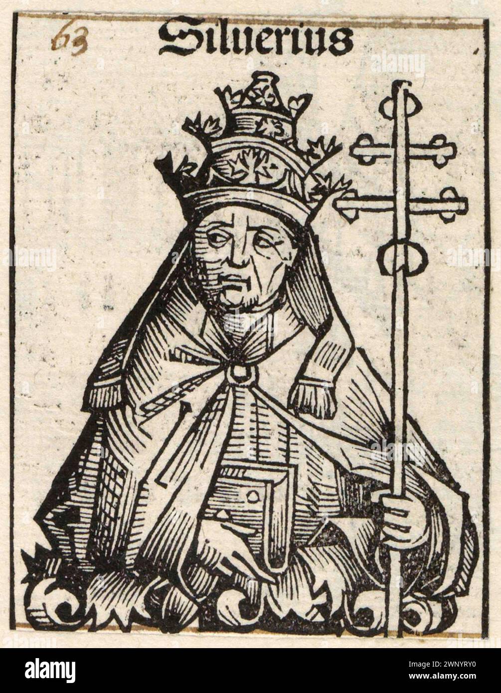 Gravure du XVe siècle du pape Silverius qui fut pontife de AD536 à AD537. Il était le 58e pape. Il était le fils du 52e pape, Hormisdas Banque D'Images