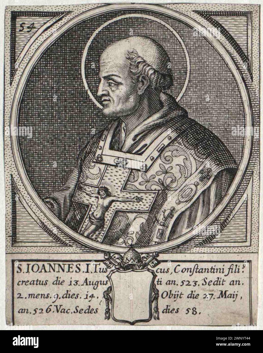 Gravure du XVIe siècle du pape Jean Ier (également connu sous le nom de Johannes Ier ou Ioannes Ier) qui fut pontife de AD523 à AD526. Il était le 53e pape. Banque D'Images