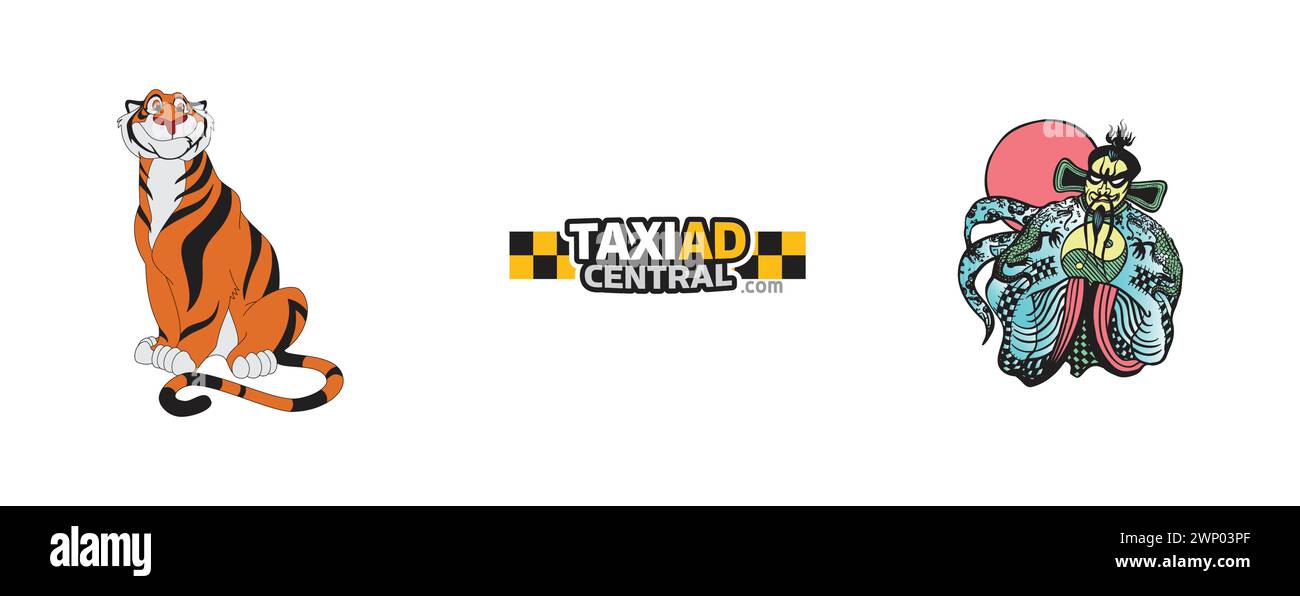 Taxi ad Central, gros problèmes dans la petite Chine - Fu Manchu, Aladdin Rajah. Collection de logos d'arts et de design la plus populaire. Illustration de Vecteur