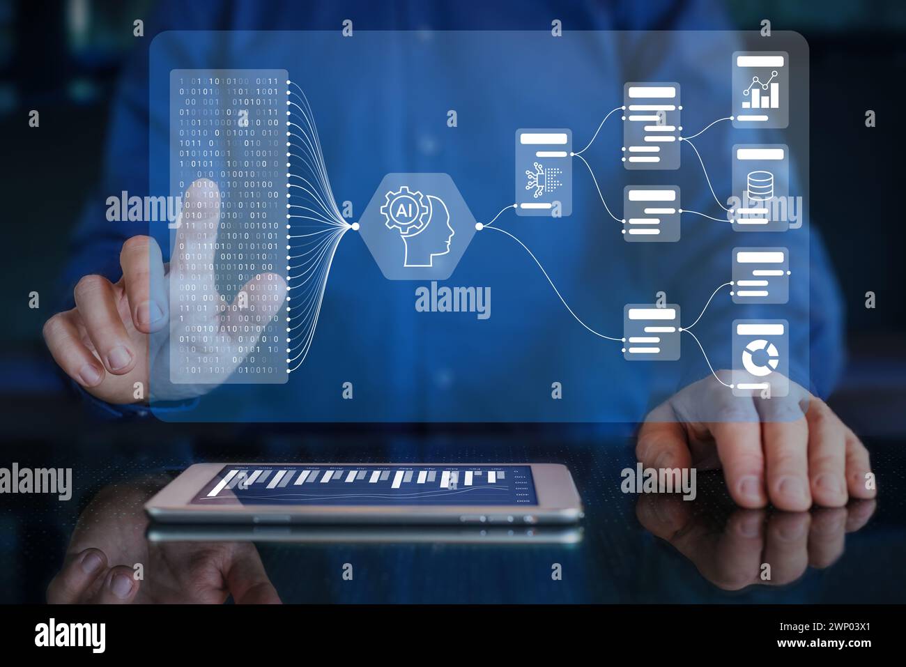 Flux de travail basé SUR L'IA, automatisation des rapports métiers avec des indicateurs clés de performance et des analyses de gestion des données, intégration Big Data et aperçus prédictifs. Homme d'affaires à Banque D'Images