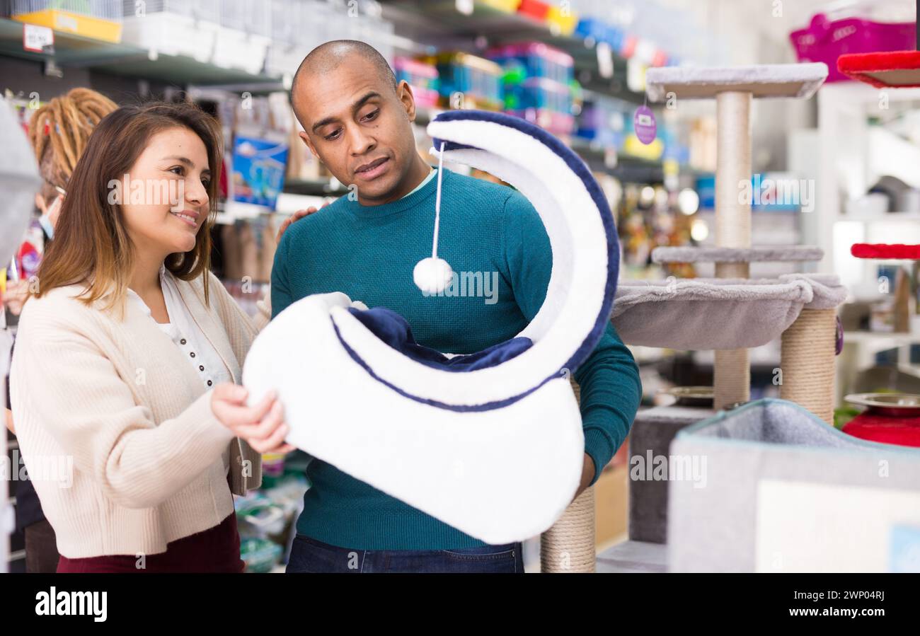 Couple choisissant des fournitures de meubles de chat en magasin Banque D'Images