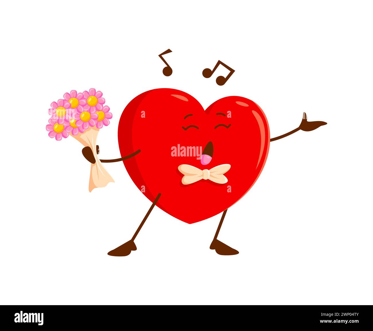 Personnage de Cartoon Love Heart chantant une chanson à la Saint-Valentin. Personnage de cœur passionné de vecteur isolé, effectue joyeusement la sérénade avec les yeux fermés et le bouquet de fleurs à la main, des notes flottant autour Illustration de Vecteur