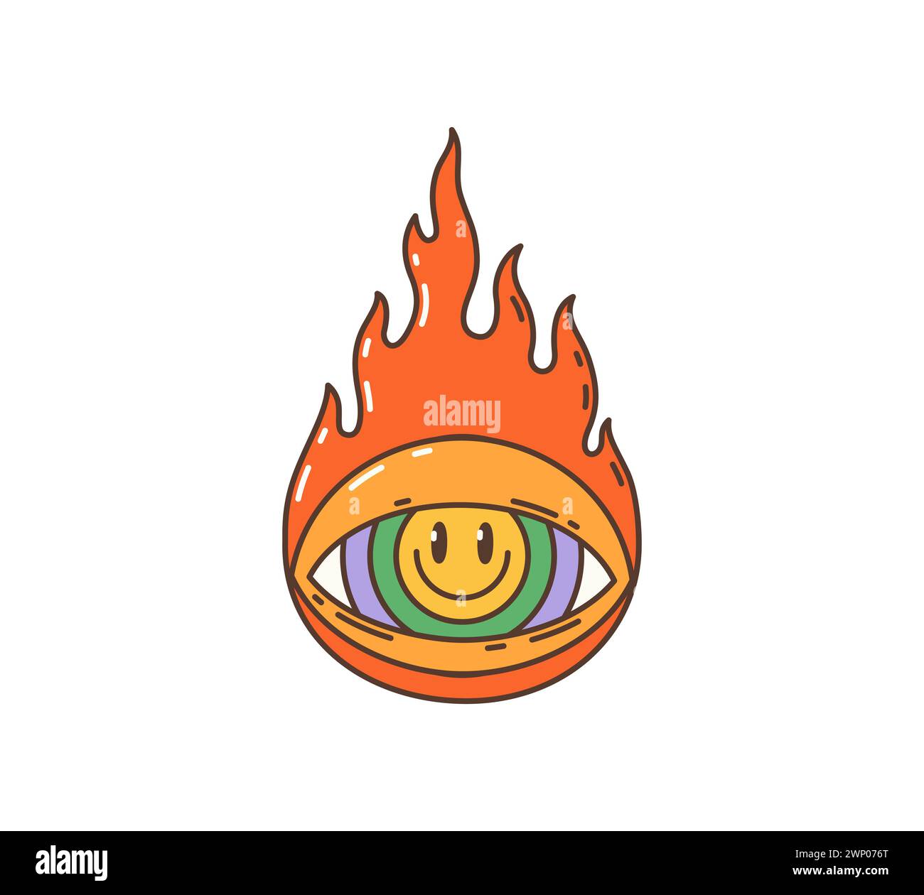 Dessin animé rétro groovy oeil hippie avec des flammes de feu dans l'art des années 60 et 70, symbole vectoriel. Hippie groovy oeil et feu signe avec sourire en arc-en-ciel en Gro Illustration de Vecteur