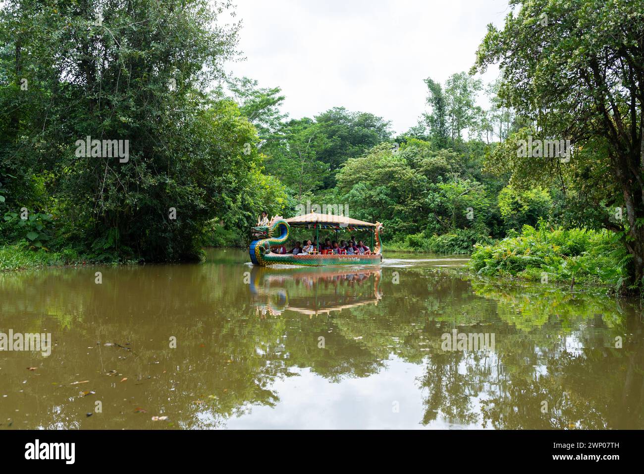 Palembang, Indonésie - février 2024 : Un bateau touristique en forme de tête de dragon navigue le long d'une rivière au milieu de la forêt de Punti Kayu. Banque D'Images