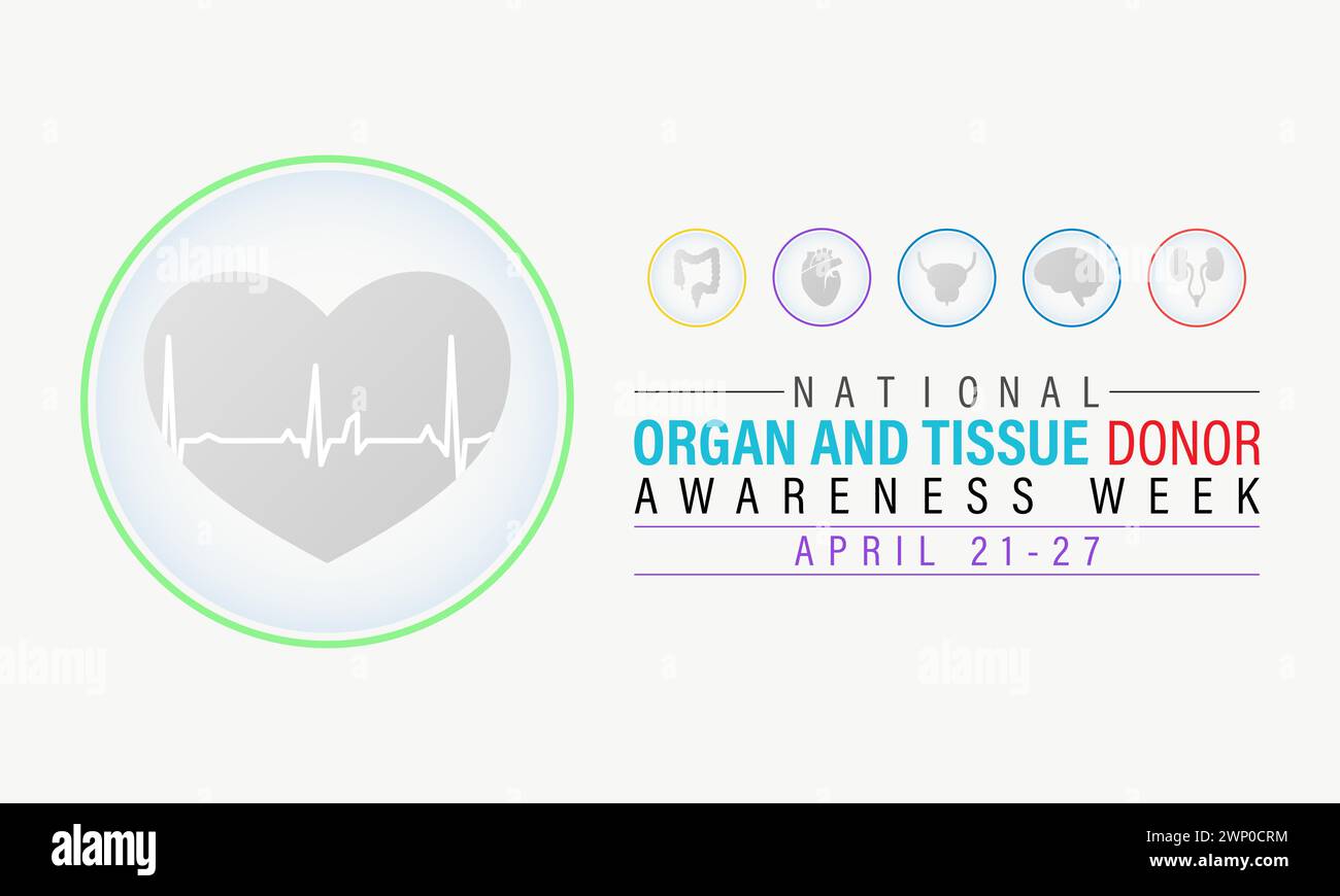 Semaine nationale de sensibilisation aux donneurs d'organes et de tissus observée chaque année du 21 au 27 avril, bannière vectorielle, dépliant, affiche et modèle de média social. Illustration de Vecteur