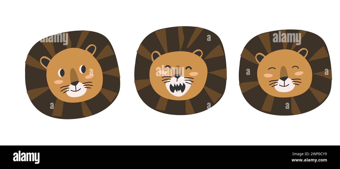 Mignons visages d'animaux sauvages de la jungle - têtes de lion dans le style scandinave. Illustration vectorielle dans un style plat. Icônes vectorielles isolées. Illustration de Vecteur