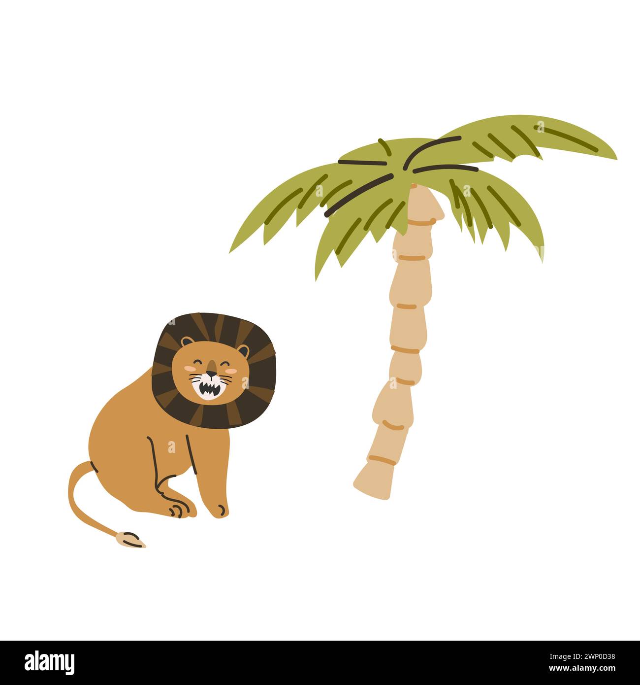 Chat animal sauvage mignon de la jungle - lion avec palmier dans le style scandinave. Illustration vectorielle dans un style plat. Icônes vectorielles isolées de la jungle sauvage mignonne Illustration de Vecteur
